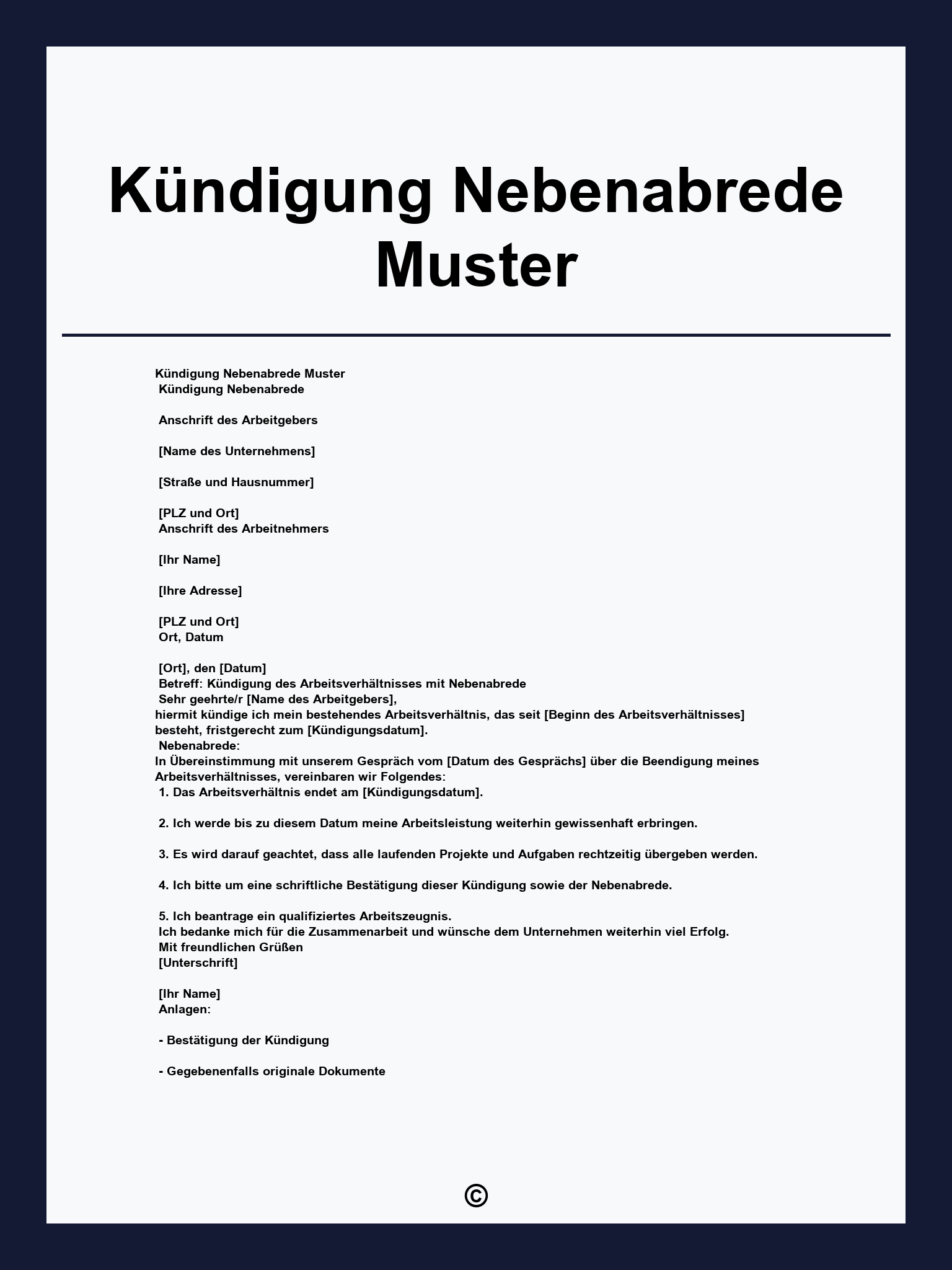 Kündigung Nebenabrede Muster