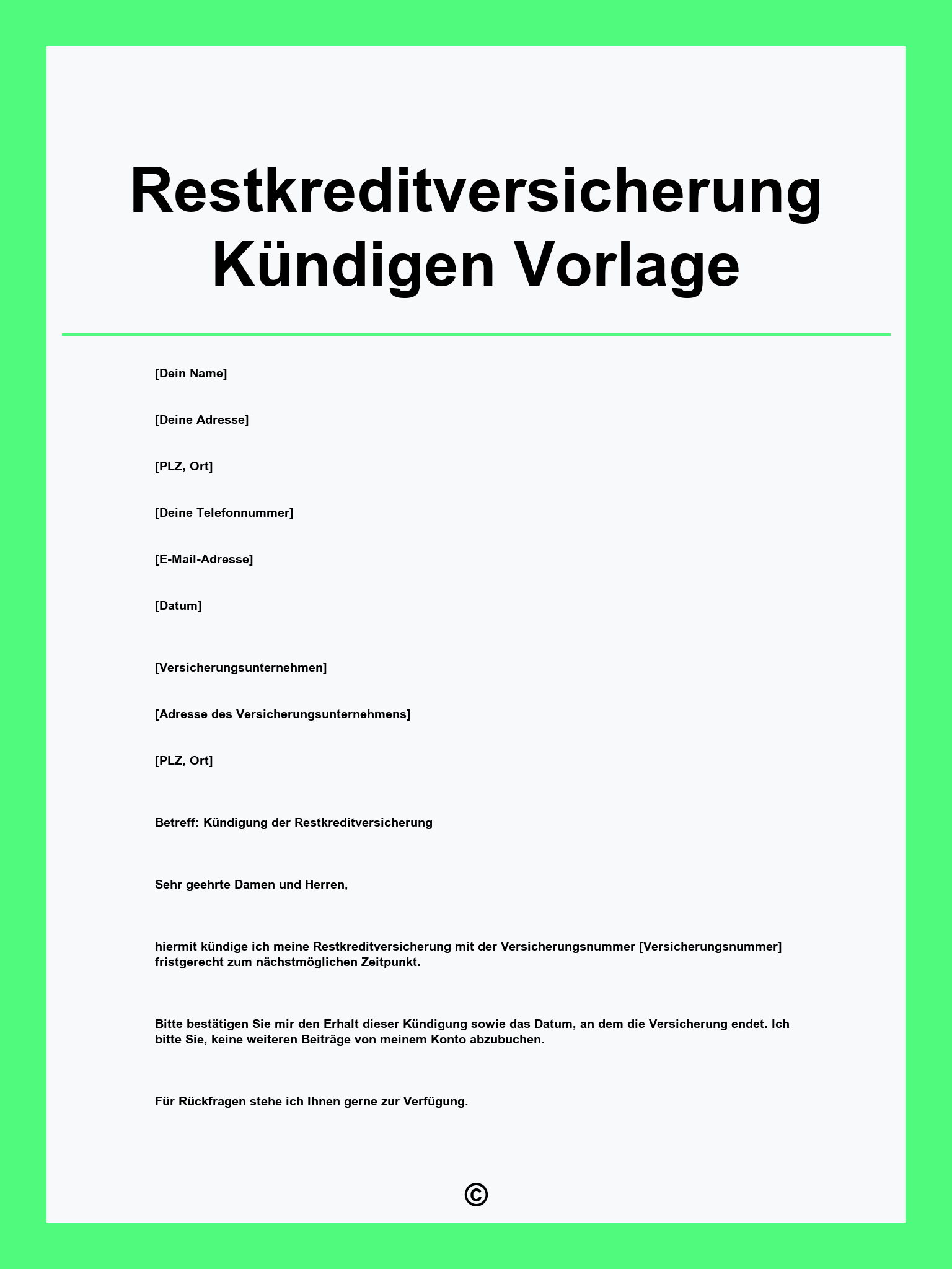 Restkreditversicherung Kündigen Vorlage