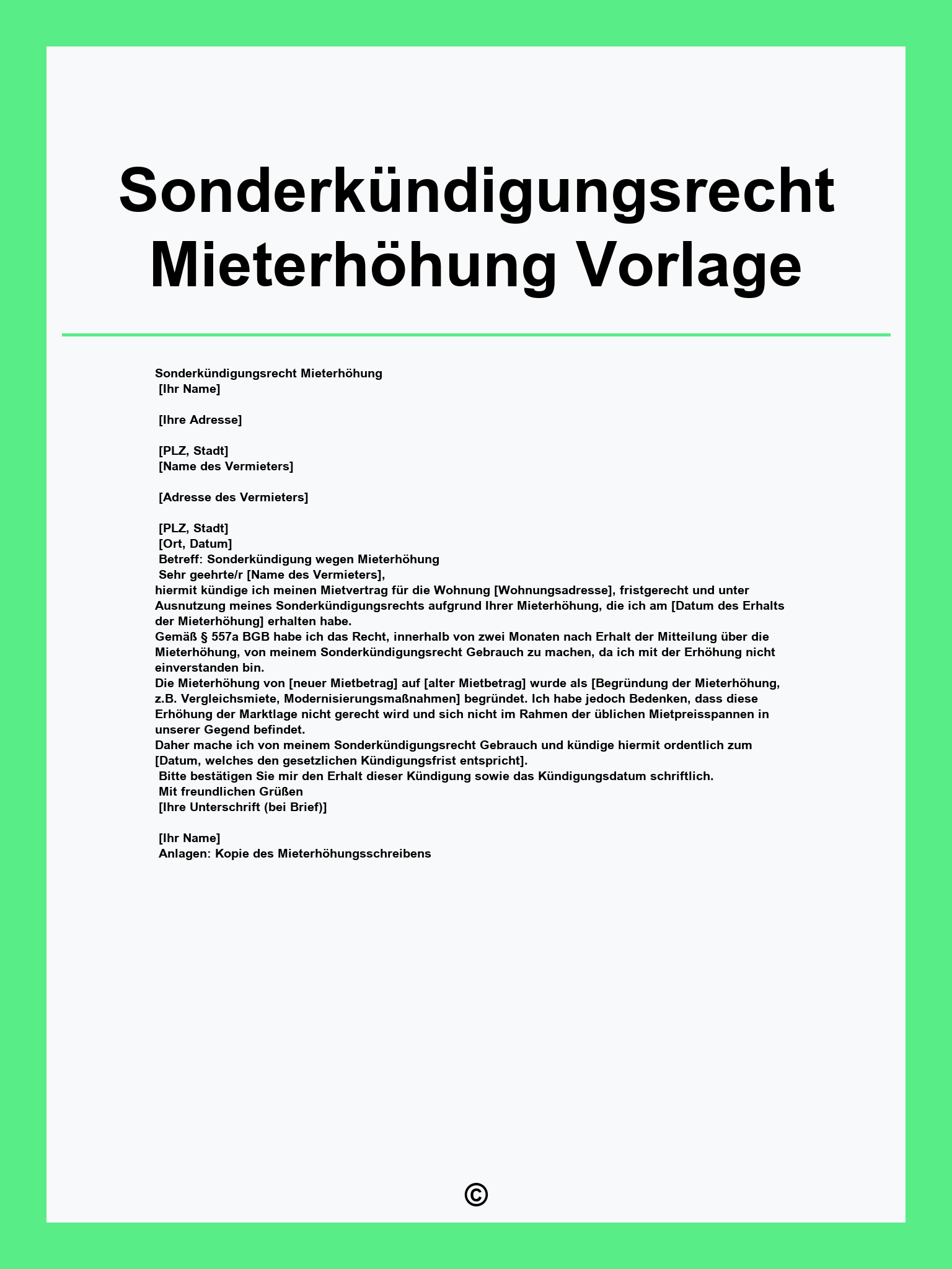 Sonderkündigungsrecht Mieterhöhung Vorlage