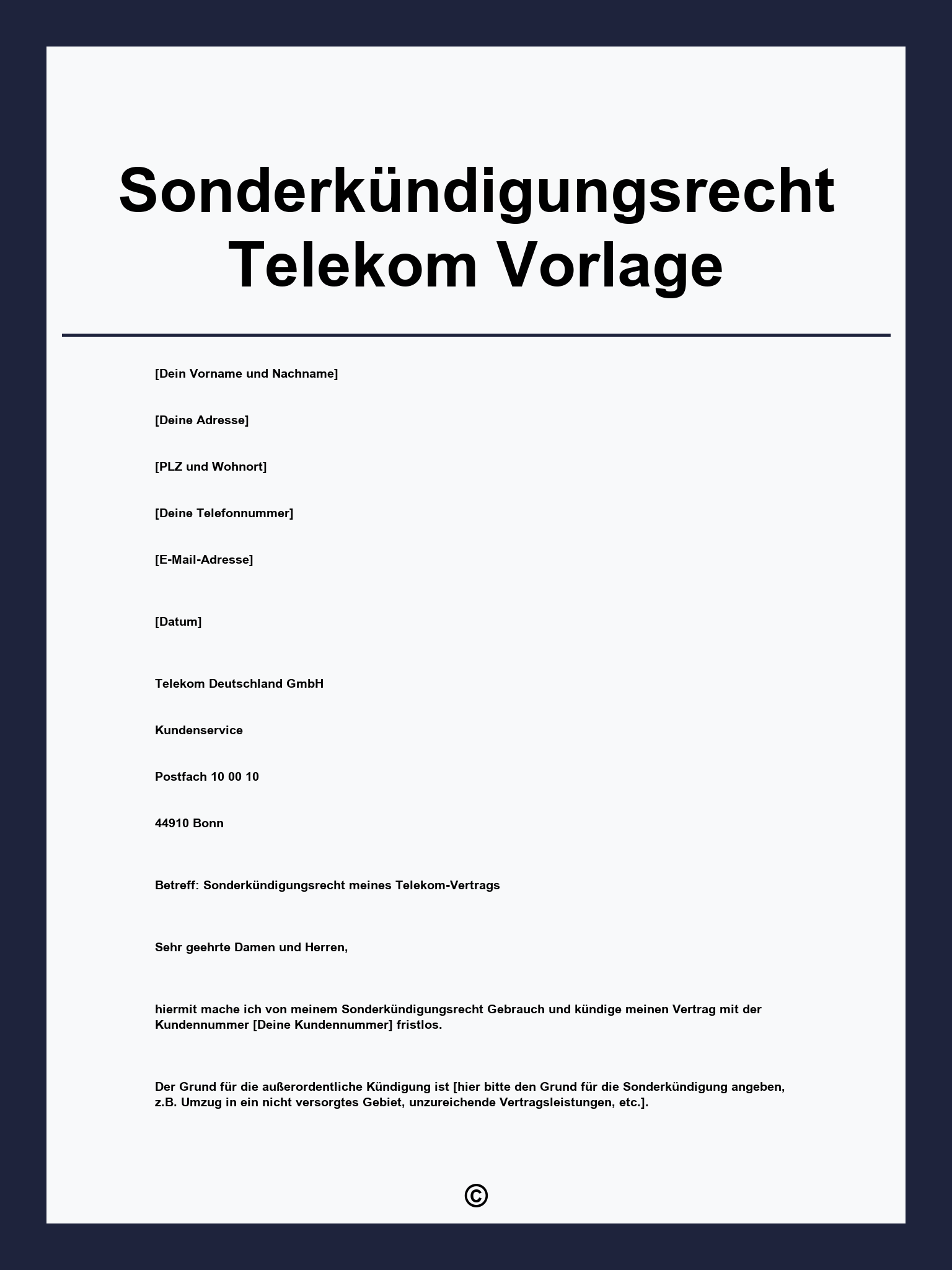 Sonderkündigungsrecht Telekom Vorlage