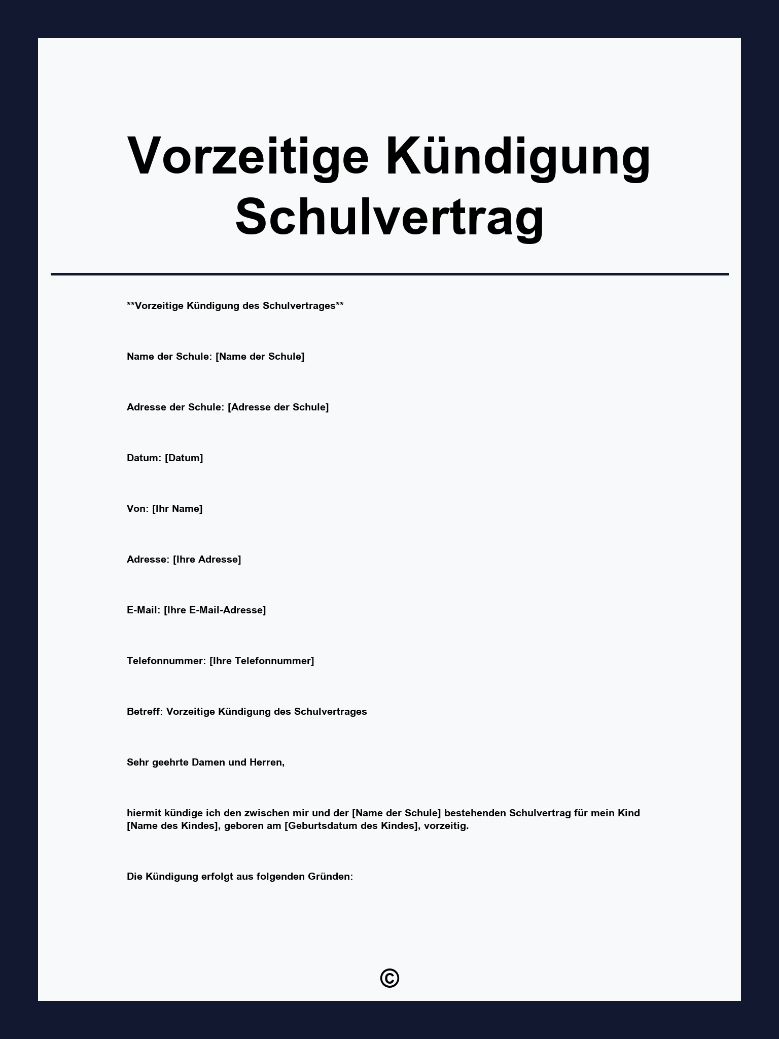 Vorzeitige Kündigung Schulvertrag
